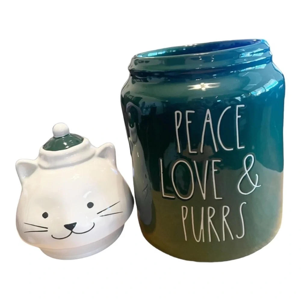 RAE DUNN Peace Love & Purrs Figural Cat Canister Treat Christmas Pet Decor NEW